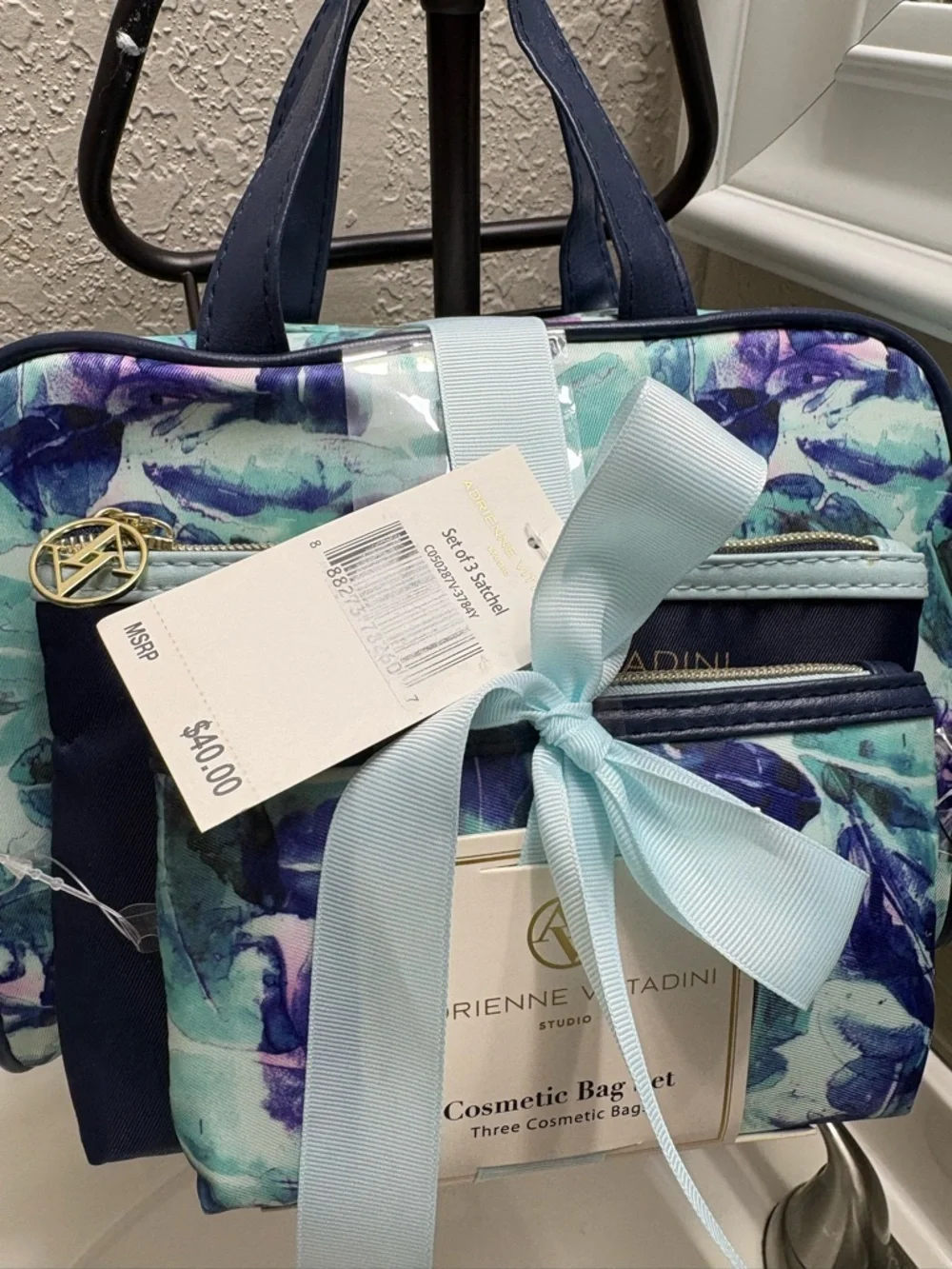 Adrienne Vittadini Blue Floral Cosmetic 3 Piece Bag Set
